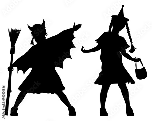 Happy Halloween. Children silhouettes with halloween objects and costumes.  Vector illustration	
