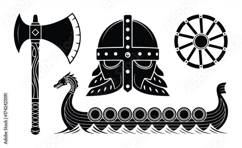 Vector silhouettes of viking ship axe helmet and wheel set scalable eps illustration for design projects silhouette vector illustration white background