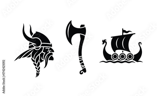 Vector graphics bundle featuring viking warrior head axe and longship scalable eps illustration icon silhouette vector illustration white background