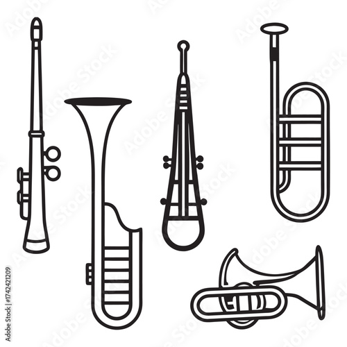 Collection of six distinct brass musical instruments including trumpet and trombone rendered as a vector graphic