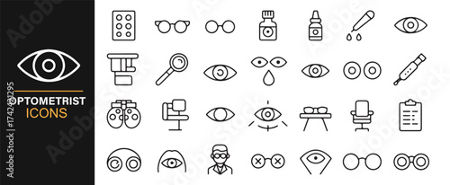 Set of Optometrist Icons, Featuring Eye Exams, Glasses, and Contact Lenses for Health Projects