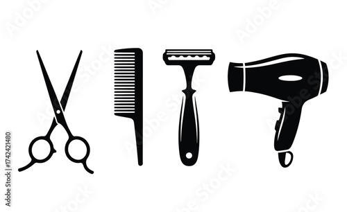 Scalable vector graphics bundle of four essential barber tools for professional salon designs silhouette vector illustration white background