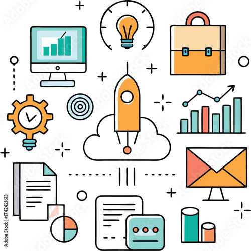 Modern flat design illustration of business startup concept with rocket launching from cloud and various business icons representing growth and success