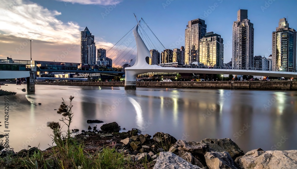 Obraz premium Modern bridge over tranquil river, city skyline