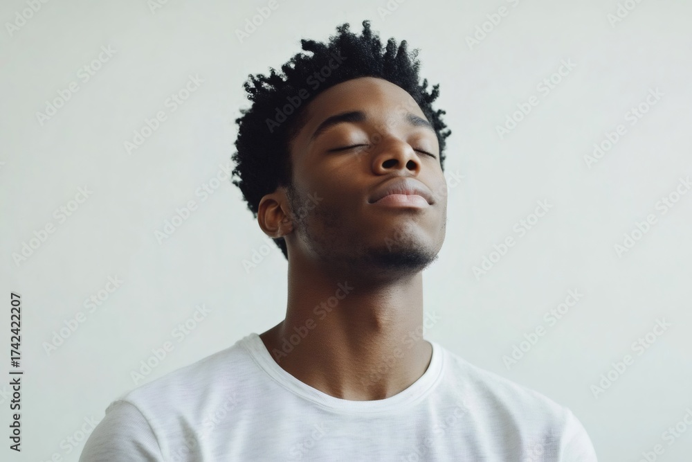 Obraz premium Young African American man with closed eyes deeply meditating, focusing on mindfulness and mental well being, radiating relaxation and spiritual peace