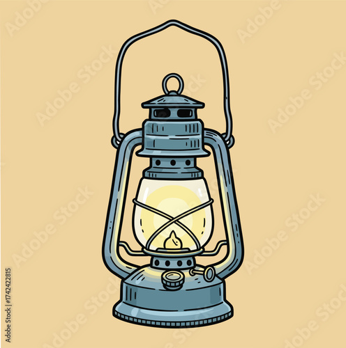 Vintage kerosene hurricane lantern with glass globe and metal handle detailed illustration isolated on white background