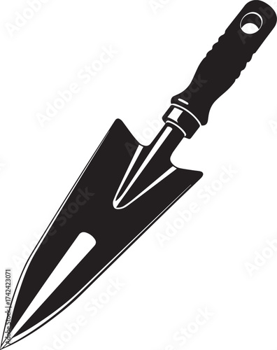 Black silhouette of a pointed garden hand trowel with a textured handle and hanging hole.