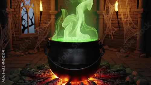 Witchs Cauldron with Green Potion and Smoke in a Spooky Halloween Setting.