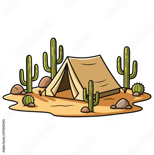 Cartoon illustration of a tan camping tent pitched in a desert landscape with saguaro cacti and rocks isolated on white background