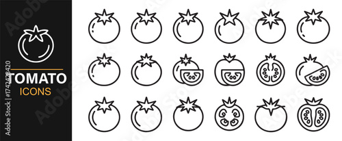 Set of Tomato Icons with Whole, Sliced, and Halved Variations for Nutritional Designs