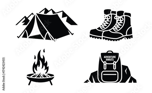 Set of four black vector icons for camping adventure including tent mountains boots campfire and backpack silhouette vector illustration white background