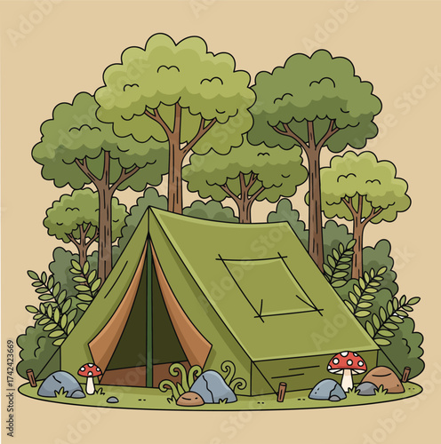 A green canvas tent pitched in a forest clearing surrounded by lush trees and foliage isolated on white background