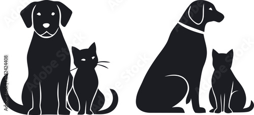 Cute Dog and Cat Silhouettes - Front and Side View, Domestic Pets AI Generative
