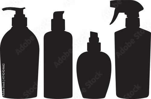 Cosmetic product silhouettes four different bottles for skincare packaging mockup template