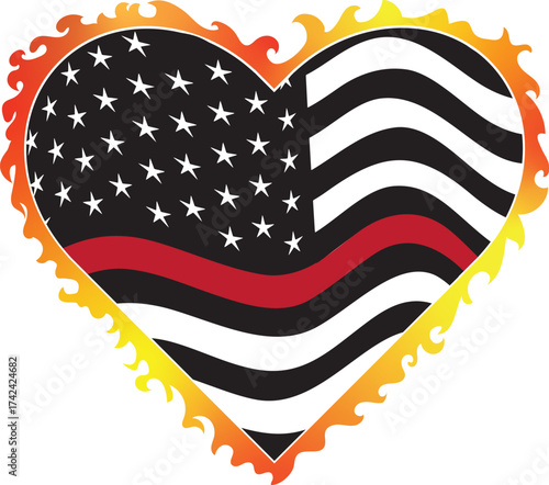 Black and white American flag with thin red line to support USA firefighters. Heart shape firefighter flag with flames from behind. Firefighter wife icon