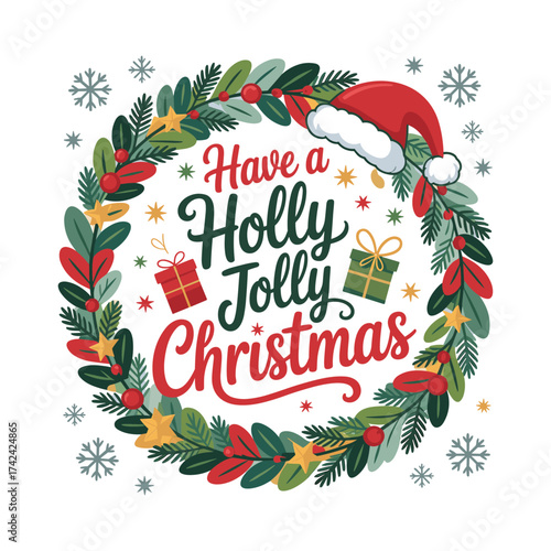 Festive holly jolly christmas wreath with santa hat gifts and snowflakes