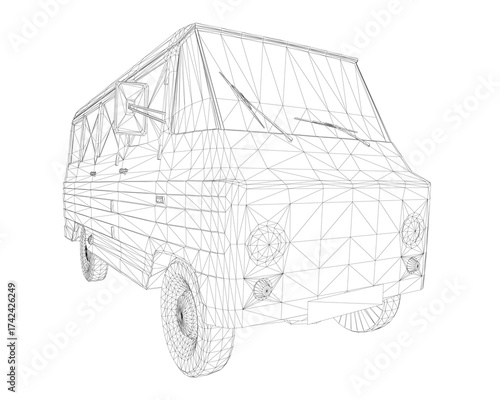 A 3D wireframe van model on a white background displays realistic vehicle contours and structural details.