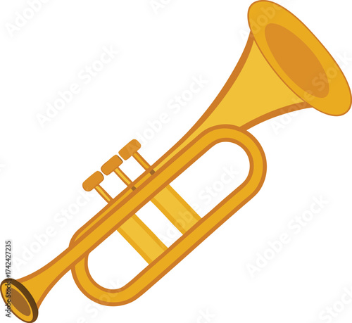 Shiny Brass Trumpet Instrument with Curved Tubing on transparent background
