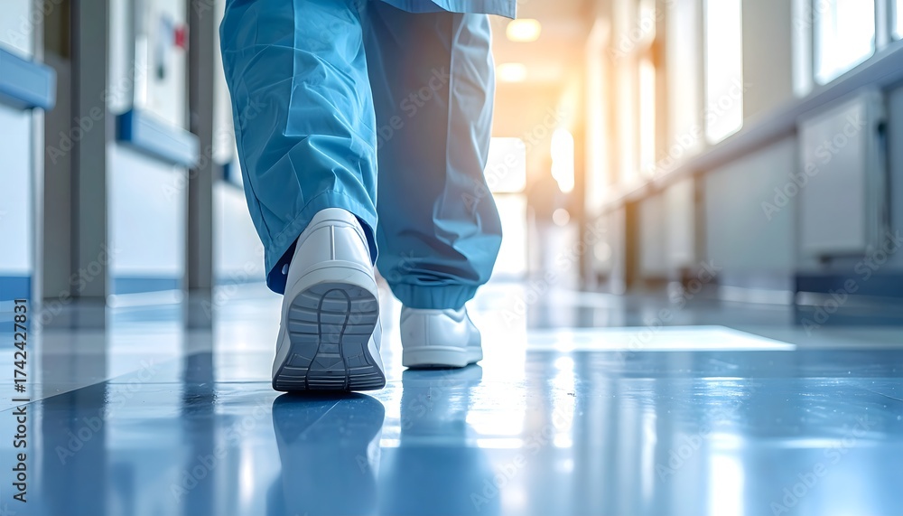 Obraz premium Medical professional in blue scrubs walking down a brightly lit hospital corridor, a conceptual image of the healthcare journey and dedication