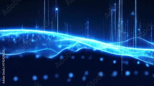 Abstract blue glowing lines and particles float against a dark background, creating a futuristic and dynamic visual effect.