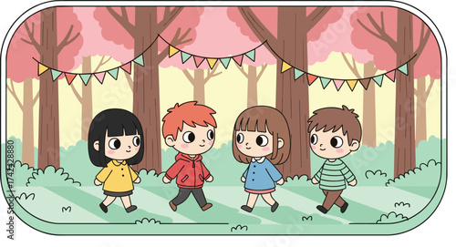 Children walking in forest, cartoon kids outdoors, festive nature scene, colorful trees, playful vector art, happy childhood moment, cad drawing flat vector illustration