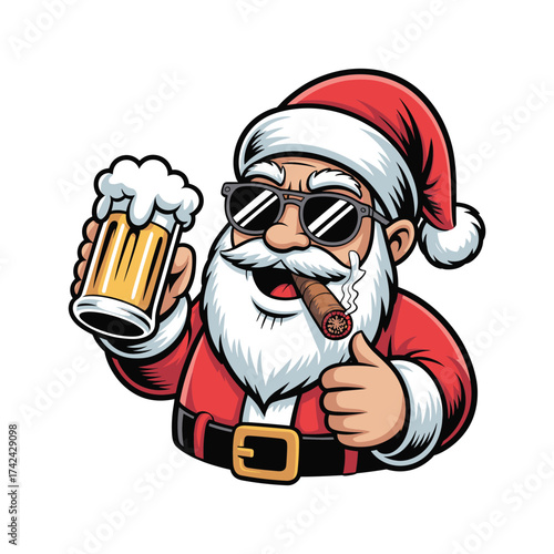 Cool santa claus wearing sunglasses holding beer and cigar giving thumbs up festive celebration