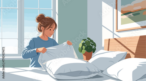 A young woman is putting a pillowcase on a pillow as part of changing bed linen at home.