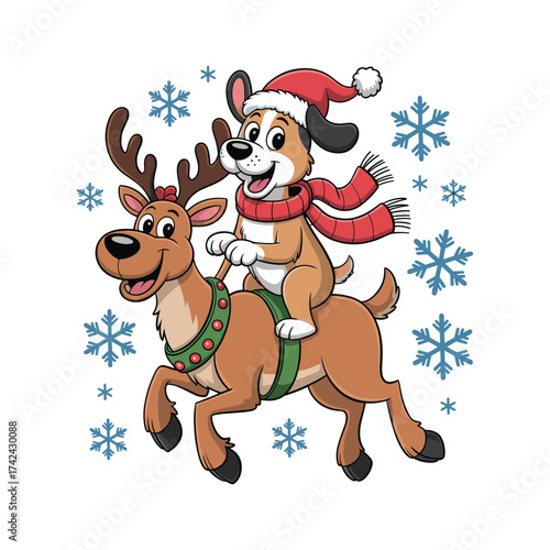 Happy dog wearing santa hat rides reindeer with snowflakes for festive christmas celebration