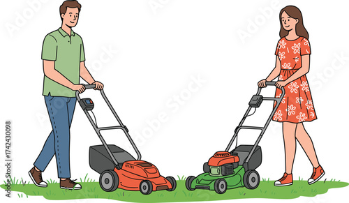 Lawn mowing, grass cutting, outdoor chore, teamwork, red lawn mower, green lawn mower, summer activity, cad drawing flat vector illustration