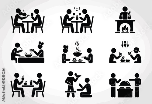 Collection of minimalist stick figure icons depicting people dining and socializing vector art silhouette vector illustration white background