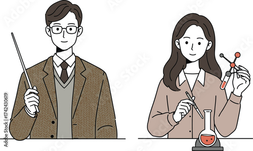 Science teacher, student, chemistry experiment, molecular model, dropper, flask, classroom, education, STEM, lab coat, cad drawing flat vector illustration