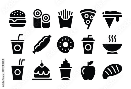 Comprehensive collection of vector food icons for scalable graphic design projects silhouette vector illustration white background