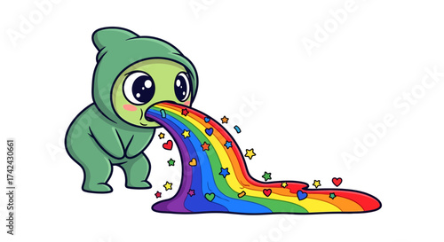 A delightful and whimsical illustration of a green creature emanating a cascade of rainbow colors