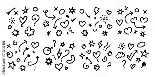 Collection of hand drawn doodle icons and symbols including hearts stars arrows and check marks