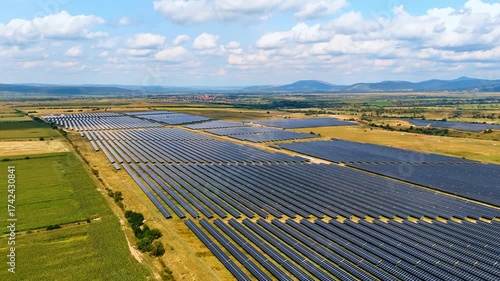 Solar energy farm. Huge solar panels installation in the open countryside of Romania.