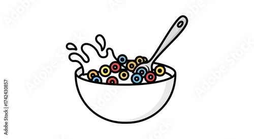 A whimsical depiction of a breakfast cereal bowl filled with colorful loops with splash