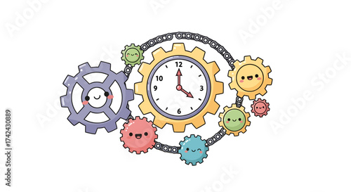 A whimsical illustration showcasing clockwork gears with friendly faces in vibrant pastel shades