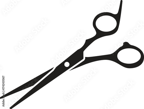 Minimalist black silhouette of professional hair cutting scissors isolated on white background. Simple vector icon for barbershop, hairstylist, salon logo, or beauty design element.