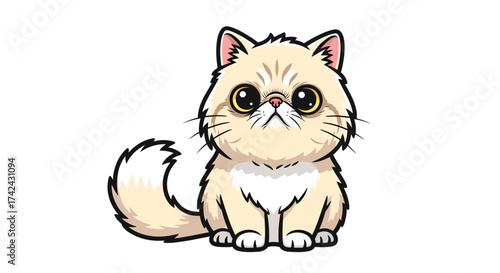 Adorable cartoon beige persian cat sitting with big eyes on a white background