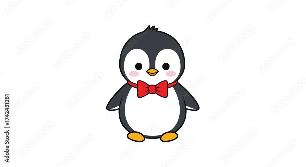 Fototapeta premium Adorable cartoon penguin with a red bow tie on a clean white background illustration