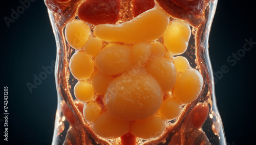 Close-up digital illustration of a human cell with a detailed view of the inner structure. The cell's membrane is transparent with a reddish-brown texture, showing the cell's outer layer. Inside,