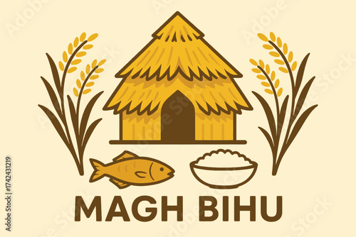 Magh Bihu bonfire (Meji) with rice cakes (pitha) and sesame seeds arranged on a platter in front