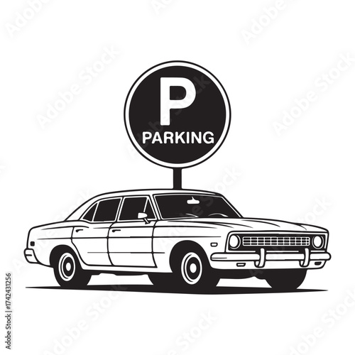 Vintage car parked under a parking sign illustration