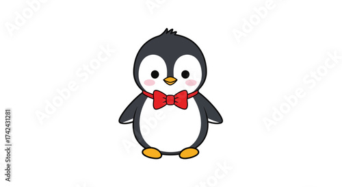 Adorable cartoon penguin with a red bow tie on a clean white background illustration