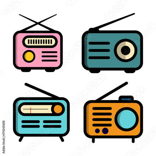 A collection of four colorful, retro-style radio illustrations on a white background.