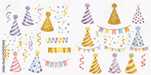A festive collection of party hats, confetti, and colorful banners.