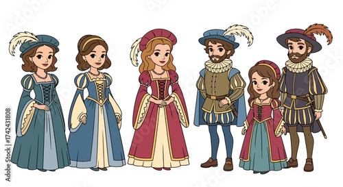 Captivating cartoon illustration of medieval characters adorned in historical garments displaying