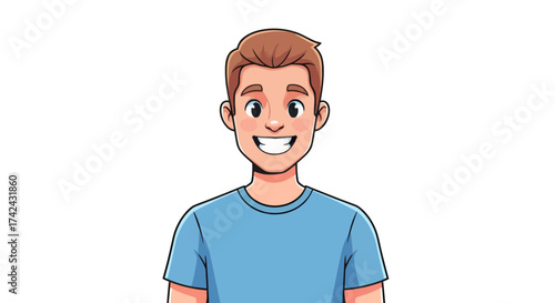 Cartoon character illustration of a cheerful young man expressing positive emotion