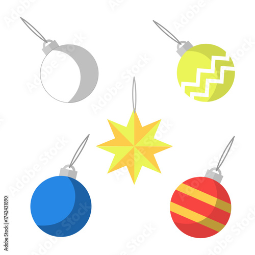 A set of five colorful Christmas tree ornaments, including four baubles and one yellow star, isolated on a white background.