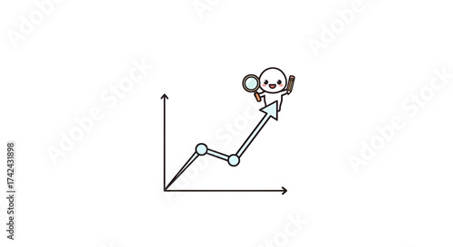 Cartoon character riding an upward trend line, with magnifying glass and pencil, representing